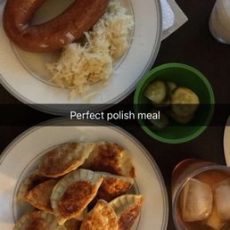 Piergis, sausage, sauerkraut, and pickles. All from the market