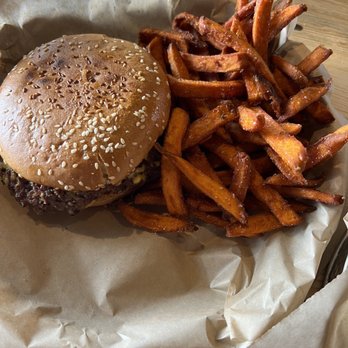 Skirted Heifer - Plain burger with sweet potato fries - American Near Me - Colorado Springs, Colorado Skirted Heifer - Plain burger with sweet potato fries - American Near Me - Colorado Springs, Colorado