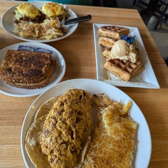 The Churro Waffle - Chorizo Benedict (yummy hollandaise sauce), multi grain toast, Churro Waffle with salted caramel ice cream, Abuelita Omelette - Breakfast & Brunch Near Me - Chicago, Illinois