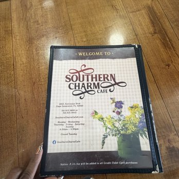 Southern Charm Cafe - Front of menu - Breakfast & Brunch Near Me - Cape Canaveral, Florida
