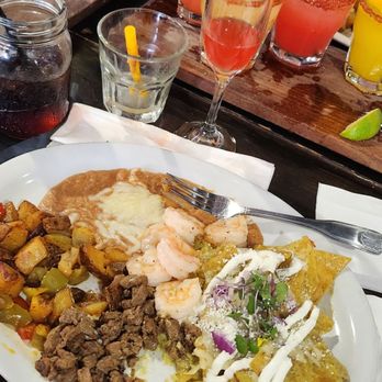 Compadres Cantina - Chilaquiles with green sauce,shrimp ,steak and beans Bomb!!!!!!!!! - Mexican Near Me - Ontario, California Compadres Cantina - Chilaquiles with green sauce,shrimp ,steak and beans Bomb!!!!!!!!! - Mexican Near Me - Ontario, California