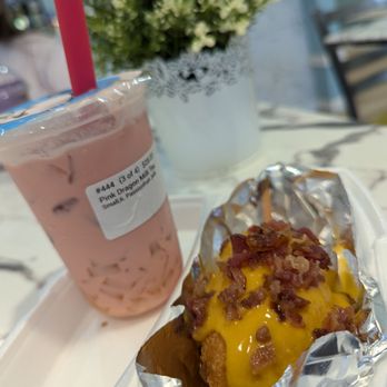 Hero Cha - Dragonfruit milk tea with passionfruit jelly + bacon and cheese corn dog - Bubble Tea Near Me - Friendswood, Texas