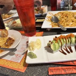 Caterpillar roll and Beef LoMein noodles