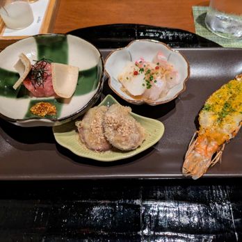 Wakuriya - Toro Sashimi Monaka, Snapper with pear and walnuts, New Caledonian blue shrimp, and fig tempra goma sauce.  The fig was SO GOOD. - Japanese Near Me - San Mateo, California