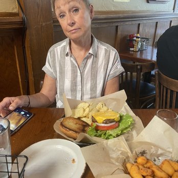 Bayside Tavern - Diane and her cheeseburger - Pizza Near Me - Fish Creek, Wisconsin