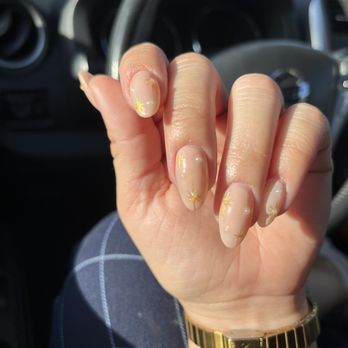Ame Nail Bar - Gel-X with small pearls and gold star design - Nail Salons Near Me - Costa Mesa, California