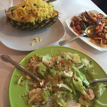 Sweet Mango - Clockwise from top- pineapple fried rice, kung pao chicken and glass noodle salad - Burmese Near Me - San Jose, California Sweet Mango - Clockwise from top- pineapple fried rice, kung pao chicken and glass noodle salad - Burmese Near Me - San Jose, California