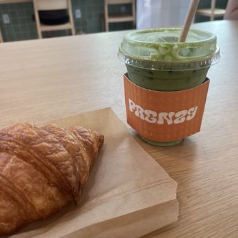 Frenzy Coffee - Pandan matcha latte with buttered croissant - Coffee Roasteries Near Me - Davis, California