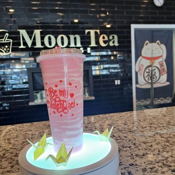 Moon Tea House - Valentine's Day 2023 cup - Half Moon Strawberry Lulu on display - Coffee & Tea Near Me - Roseville, California Moon Tea House - Valentine's Day 2023 cup - Half Moon Strawberry Lulu on display - Coffee & Tea Near Me - Roseville, California