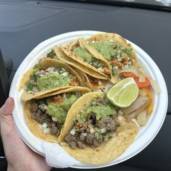 Carmelo's Tacos - Pollo Adobado Tacos in top right corner and Asada Tacos in the bottom left. - Tacos Near Me - Seattle, Washington