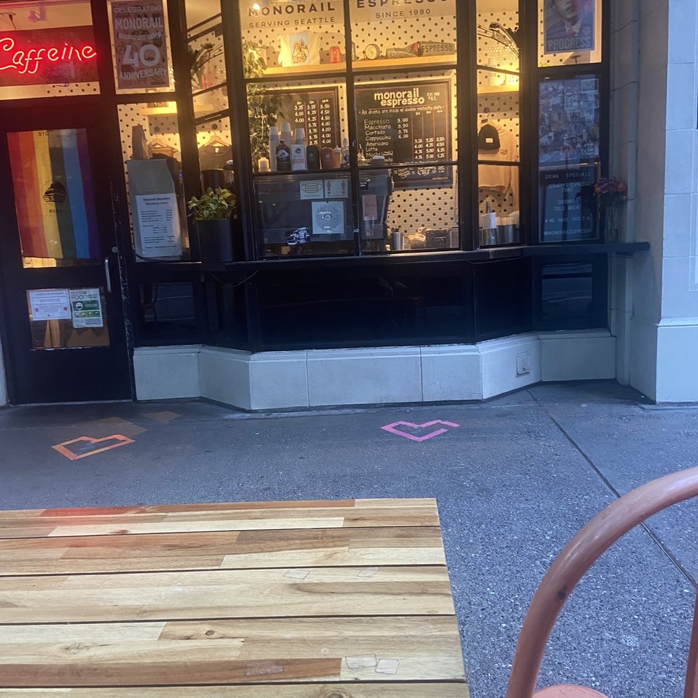 Monorail Espresso - View from outside patio table. - Coffee & Tea Near Me - Seattle, Washington Monorail Espresso - View from outside patio table. - Coffee & Tea Near Me - Seattle, Washington