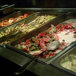 Baby Dolls Saloon - From left to right; shrimp, lettuce salad, tomato salad, & fruit salad.