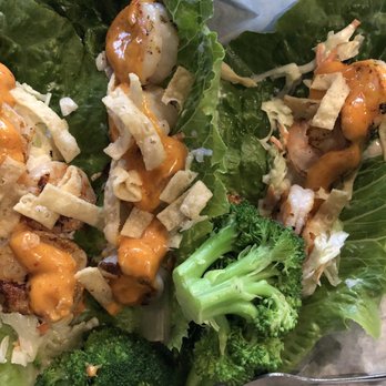 Beef 'O' Brady's - Lettuce wraps with garlic sweet jalapeño shrimp and steamed broccoli - Pubs Near Me - Bentonville, Arkansas Beef 'O' Brady's - Lettuce wraps with garlic sweet jalapeño shrimp and steamed broccoli - Pubs Near Me - Bentonville, Arkansas