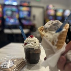 Blue Scoop Creamery - Waffle cone w/ 2 scoops; bourbon & cookies n cream! So delicious.