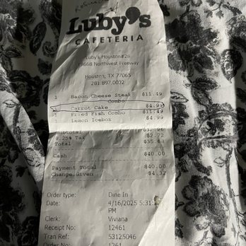 Luby's - Refund receipt - American Near Me - Houston, Texas