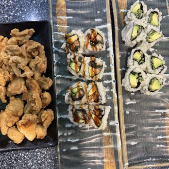 Narumi Sushi - Left to right: chicken Karaage, unagi roll, avokyu roll - Japanese Near Me - Rancho Cordova, California Narumi Sushi - Left to right: chicken Karaage, unagi roll, avokyu roll - Japanese Near Me - Rancho Cordova, California