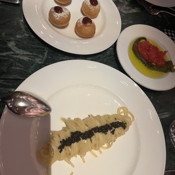 The Duchess - Beluga Caviar Spaghetti, Foie Gras Doughnuts and Grated Tomato and roasted pepper as a house AmuseBush - French Near Me - Amsterdam, New Hampshire The Duchess - Beluga Caviar Spaghetti, Foie Gras Doughnuts and Grated Tomato and roasted pepper as a house AmuseBush - French Near Me - Amsterdam, New Hampshire