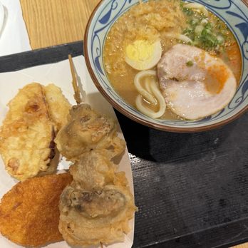 Marugame Udon - Tonkotsu Shrimp tempura Mushroom tempura Potato croquette - Japanese Near Me - Arcadia, California Marugame Udon - Tonkotsu Shrimp tempura Mushroom tempura Potato croquette - Japanese Near Me - Arcadia, California