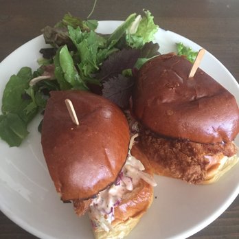 V's restaurant + bar - Fried chicken sandwich with side salad - Mediterranean Near Me - Malibu, California V's restaurant + bar - Fried chicken sandwich with side salad - Mediterranean Near Me - Malibu, California