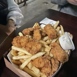 Chicken strips and fries from the concession stand. Chicken strips and fries from the concession stand.