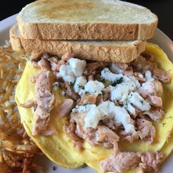 Fresh salmon, dill, goat cheese frittata, hash browns and buttered sourdough toast. Good!