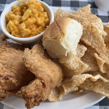 Jimpa's - Chicken 2 pc. Fried Chicken - Wing & Breast with Pork Rinds and Mac N' Cheese and a roll. - Southern Near Me - Kennesaw, Georgia Jimpa's - Chicken 2 pc. Fried Chicken - Wing & Breast with Pork Rinds and Mac N' Cheese and a roll. - Southern Near Me - Kennesaw, Georgia