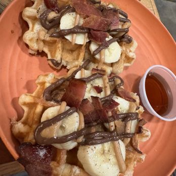 Humble House Cafe - Elvis Twist waffles: liege waffles topped with banana, bacon, Nutella, peanut butter, and cinnamon - Coffee & Tea Near Me - Golden, Colorado