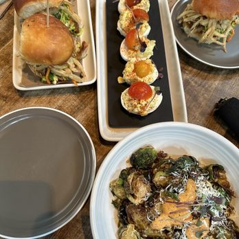 Whiskey Cake - Pulled Pork Sliders, Deviled Eggs, Roasted Parmesan Brussels Sprouts - New American Near Me - Plano, Texas Whiskey Cake - Pulled Pork Sliders, Deviled Eggs, Roasted Parmesan Brussels Sprouts - New American Near Me - Plano, Texas