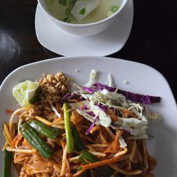 Pork pad thai and chicken broth soup lunch special Pork pad thai and chicken broth soup lunch special
