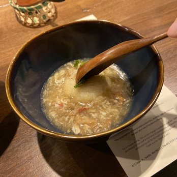 wa’z - fried rice ball filled with umeboshi served on top of a mushroom and crab soup - Japanese Near Me - Seattle, Washington