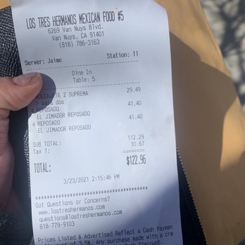 Los Tres Hermanos - Receipt for overpriced house tequila. - Mexican Near Me - Van Nuys, California Los Tres Hermanos - Receipt for overpriced house tequila. - Mexican Near Me - Van Nuys, California