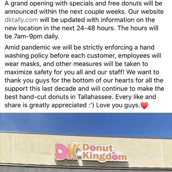 Donut Kingdom - 4/23/20-Soft opening is now 4/24. Tomorrow. Can't wait. - Donuts Near Me - Tallahassee, Florida Donut Kingdom - 4/23/20-Soft opening is now 4/24. Tomorrow. Can't wait. - Donuts Near Me - Tallahassee, Florida