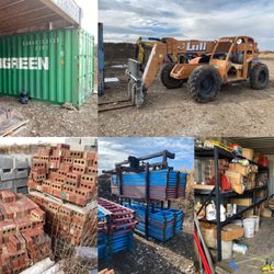 Masonry Auction items that include telehanders, cargo containers, bricks, and scaffolding.