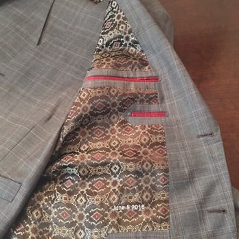The Ascot Shop - Inside of coat. I selected the lining, the red striping on the pockets and monogrammed the date of my upcoming wedding. - Men's Clothing Near Me - La Jolla, California The Ascot Shop - Inside of coat. I selected the lining, the red striping on the pockets and monogrammed the date of my upcoming wedding. - Men's Clothing Near Me - La Jolla, California