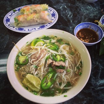 Pho Mai - Pho with sliced beef (either #4 or #5) with a side of shrimp/pork rolls. - Vietnamese Near Me - Whittier, California Pho Mai - Pho with sliced beef (either #4 or #5) with a side of shrimp/pork rolls. - Vietnamese Near Me - Whittier, California