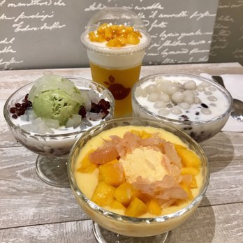 Mango Mango Dessert - Snow White Juice & Red Bean w Green Tea Ice Cream, Snow White Juice & Red Bean w Glutinous Rice, Mango Juice Sago & Pomelo w Mango Ice Cream - Desserts Near Me - New York, New York