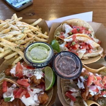 Seasurf Fish Co - Parmesan Garlic Fries with all the tacos. Battered and grilled - Seafood Near Me - Del Mar, California