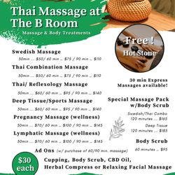 Thai Massage at B Room - New services added: Lymphatic Massage for wellness. New add ons: Cupping, Body Scrub, CBD OIl, Herbal compress or Relaxing Facial Massage.