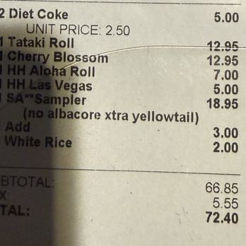 Sekai Sushi - Said bill with "extra" charges for subbed fish rather than additional. And pricey rice. - Japanese Near Me - Mesa, Arizona