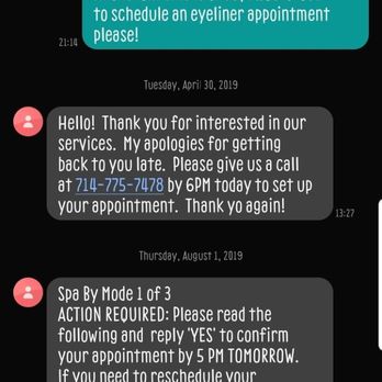 Spa By Mode - I texted Sharon on 4/26 to schedule an appointment and received a reply a couple days later to call in - Permanent Makeup Near Me - Westminster, California