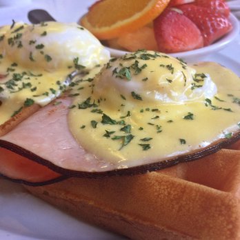 More Than Waffles - Waffle Benedict with fruit - Breakfast & Brunch Near Me - Encino, California More Than Waffles - Waffle Benedict with fruit - Breakfast & Brunch Near Me - Encino, California