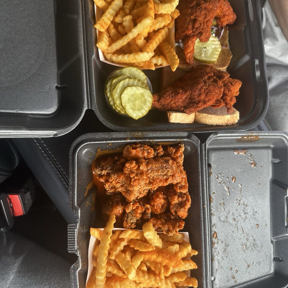 Buffalo chicken and fries Chicken sandwhich with fries and pickles Buffalo chicken and fries Chicken sandwhich with fries and pickles