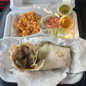 Mary's Taqueria - Asada Verde Burrito Plate with rice and salad. Stuffed with extra beans and cheese. - Mexican Near Me - Kermit, Texas Mary's Taqueria - Asada Verde Burrito Plate with rice and salad. Stuffed with extra beans and cheese. - Mexican Near Me - Kermit, Texas
