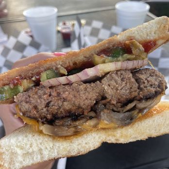 The Burger Shack- Ashburn - 7oz Burger with chedder, onions, mushrooms, jalapeño, pickles on Texas Toast - Burgers Near Me - Ashburn, Virginia