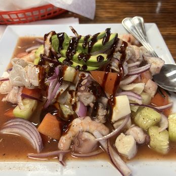 Mariscos Jimenez - Chalupa (cooked & raw shrimp, pulpo & scallops$ - Mexican Near Me - Fontana, California
