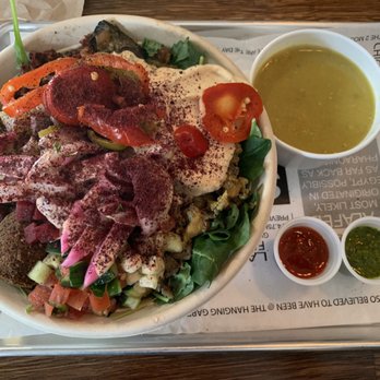 SAJJ Mediterranean - Salad bowl with falafel and pomegranate chicken - Mediterranean Near Me - San Mateo, California SAJJ Mediterranean - Salad bowl with falafel and pomegranate chicken - Mediterranean Near Me - San Mateo, California