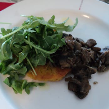 Virgin Atlantic Lounge - Pan fired polenta cake with wild mushrooms and truffle dressing (2014/08) - Airport Lounges Near Me - Dulles, Virginia Virgin Atlantic Lounge - Pan fired polenta cake with wild mushrooms and truffle dressing (2014/08) - Airport Lounges Near Me - Dulles, Virginia