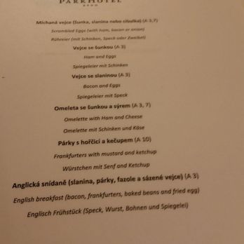 Parkhotel - Breakfast (1/2), order your hot dishes. Special coffees are extra. - Hotels Near Me - Brno, JM
