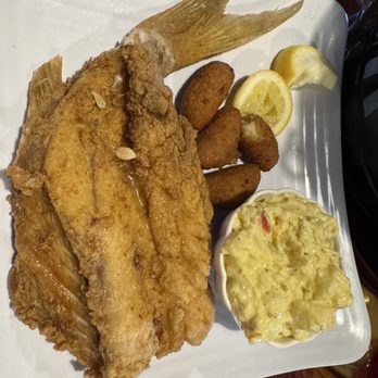 A&A Seafood Shack - Red snapper with potatoes and hush poppy - Seafood Near Me - Santee, South Carolina A&A Seafood Shack - Red snapper with potatoes and hush poppy - Seafood Near Me - Santee, South Carolina