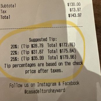 Casa Del Toro - First time seeing the ever-rising Suggested Tip at 25% - Latin American Near Me - Hayward, California Casa Del Toro - First time seeing the ever-rising Suggested Tip at 25% - Latin American Near Me - Hayward, California